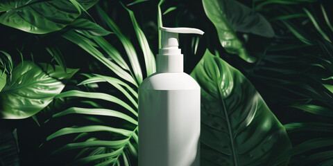 Stylish shampoo stand, small white bottle in the center against a background of lush greenery - obrazy, fototapety, plakaty
