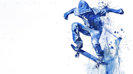Blue watercolor of skateboard player in action performing trick