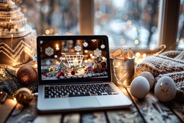 A laptop screen displaying a festive shopping cart symbolizes online Christmas shopping, set against a backdrop of seasonal decor and warm lights.