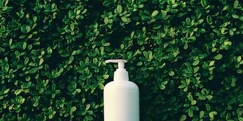 Stylish shampoo stand, small white bottle in the center against a background of lush greenery