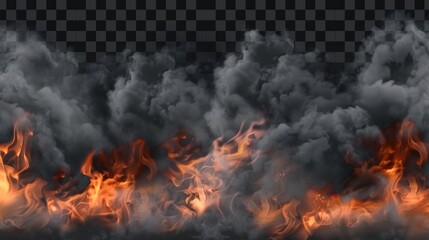 Flames with pillars of black smoke isolated on transparent background. Modern realistic set of dark foggy clouds, smog, smog from burning wood, explosion, or torch. Flame with pillars of black smoke - obrazy, fototapety, plakaty
