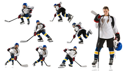 Collage. Young girl, hockey player in uniform with stick training, playing isolated on white background. Concept of professional sport, competition, game, action, hobby, tournament, dynamics. Set
