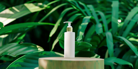 Stylish shampoo stand, small white bottle in the center against a background of lush greenery