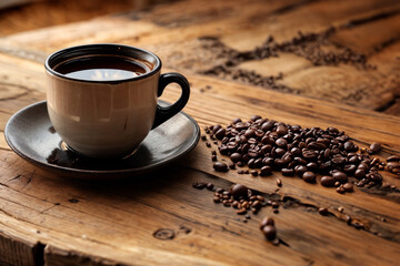 Fototapeta premium Tazza di caffè su tavolo in legno con chicchi di caffè
