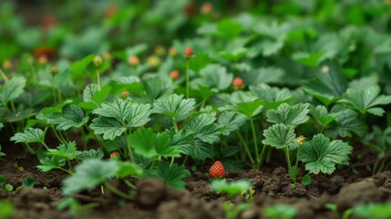 Fototapeta na wymiar Close-up strawberry plant, berry focal point