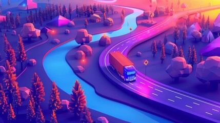 Isometric landing page with global logistics solutions. Cargo import and export through ship, truck, van, scooter, train. World transportation 3D modern banner. - obrazy, fototapety, plakaty