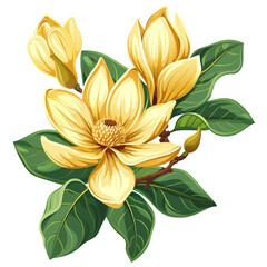  yellow magnolia flower with green leaves