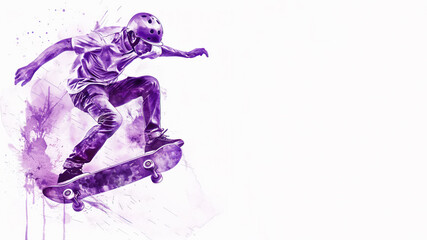 Purple watercolor of skateboard player in action performing trick