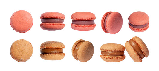 Coral and beige color macaroons cookies set isolated. Macaron cookies. PNG with transparent background. Clipping path. Flat lay	