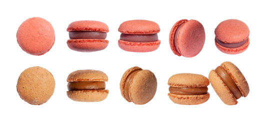 Coral and beige color macaroons cookies set isolated. Macaron cookies. PNG with transparent background. Clipping path. Flat lay	