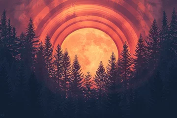 Fototapeten Immerse yourself in the captivating beauty of a sunset depicted through concentric circles in a golden yellow to deep crimson gradient, silhouetting a dense forest of fir trees against a warm backdrop © Silvana