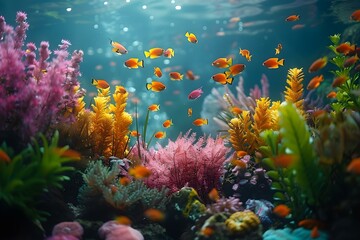 Fototapeta na wymiar Vibrant underwater scene with marine life corals plants and fishes. Concept Underwater Photography, Marine Life, Coral Reefs, Fish Species, Vibrant Scenes