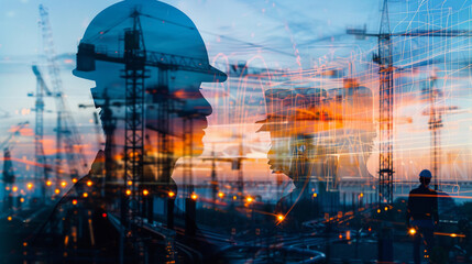 A civil engineer's silhouette at dusk and designers meeting at night converge in a striking double exposure banner