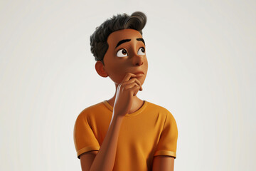 Thinking questioning dreaming planning cartoon character young adult man teen person portrait in 3d style design on white background. Human people feelings expression concept