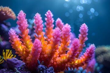 Naklejka na ściany i meble Exploring the Vibrant Marine Life of the Deep Ocean with Glowing Algae and Neon Corals. Concept Underwater Photography, Marine Biodiversity, Neon Corals, Glowing Algae, Deep Sea Exploration