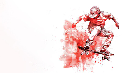 Red watercolor of skateboard player in action performing trick