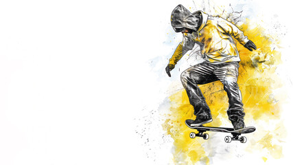 Yellow watercolor of skateboard player in action performing trick