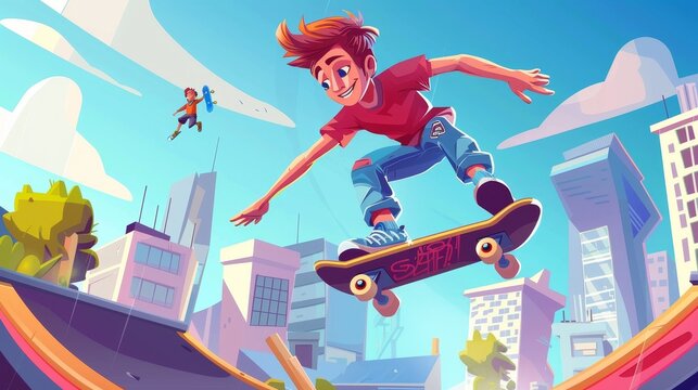 Cartoon cityscape with ramps, graffiti on walls, aerosols for drawing and teenager jumping on track as he rides a skateboard in a skate park. Playground for extreme sports.