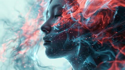 A woman's face is shown with a blue and red background. The woman's face is surrounded by smoke and fire, giving the image a futuristic and otherworldly feel. The colors and patterns of the smoke - obrazy, fototapety, plakaty