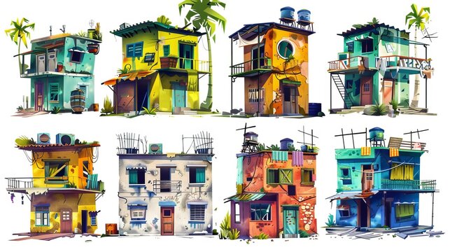 The poor shacks in the ghetto area. Modern cartoon set of old broken buildings in a poor neighborhood.