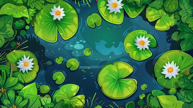 A swamp or lake top view with nenuphars or water lily pads. Natural background with deep marsh and lotus leaves, wild pond covered with duckweed and waterlily plants. Cartoon modern illustration.