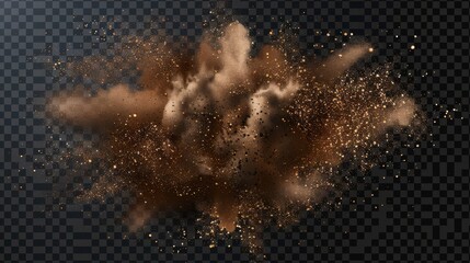 The explosion of coffee leaves, a realistic ground bean powder burst with a brown particle splash, and granules fluttering in the air, is isolated on a transparent background. This illustration was - obrazy, fototapety, plakaty