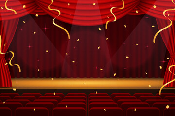 金色の紙吹雪が舞う赤い舞台の背景イラスト