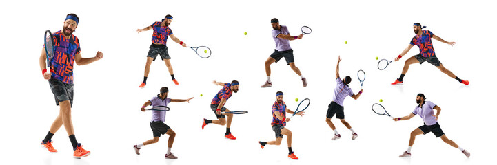 Collage. Concentrated young man, tennis player practicing, playing, hitting ball with racket...