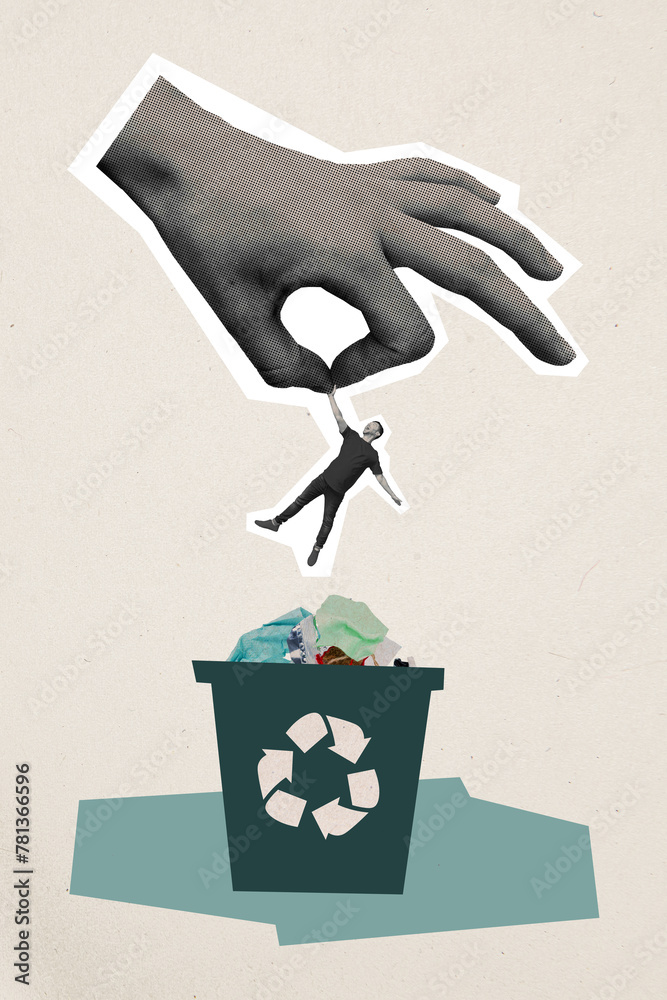 Poster abstract vertical collage hand throws man in garbage environmental pollution helping planet eco frie