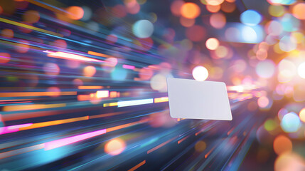 Card flying at high speed surrounded by colorful light trails and a blurred background of futuristic digital technology elements, fast and convenient financial transactions