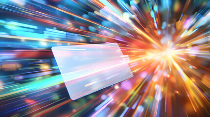 Card flying at high speed surrounded by colorful light trails and a blurred background of futuristic digital technology elements, fast and convenient financial transactions - obrazy, fototapety, plakaty