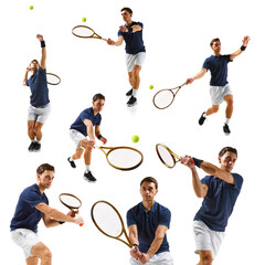 Collage. Young man, tennis player in motion with racket, training, playing isolated on white...
