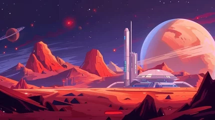 Outdoor-Kissen Mars surface with colony base. Modern cartoon illustration depicting alien red planet surface with dome building, mountains, moon and stars. Galaxy exploration and colonization. © Mark