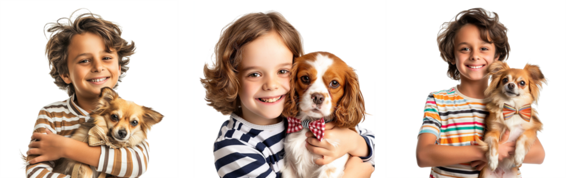 Cute smiling boy in a striped shirt holds a dog with a bow on his neck - Powered by Adobe