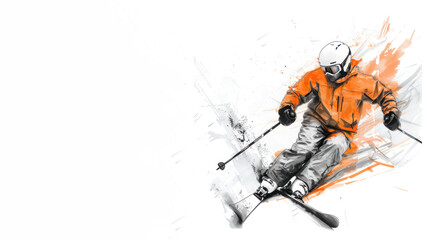 Skier in action on slope of the snow in orange watercolor painting art