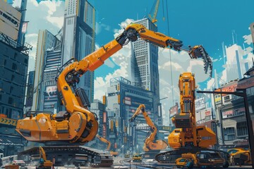 A group of construction robots, working together to erect towering skyscrapers in a bustling cityscape - obrazy, fototapety, plakaty