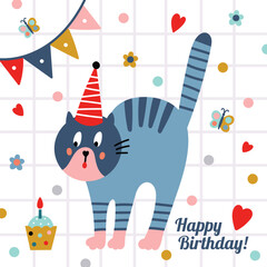 Сute cat is celebrating his birthday. Vector illustration on a transparent background. - 781367164