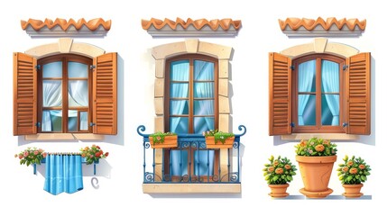 Isolated on white background, wooden windows with shutters are shown in mediterranean style with colored frames, curtains, and flower pots on the sills.