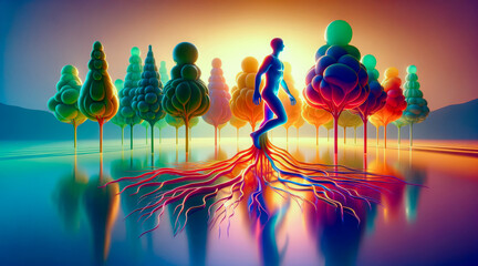 In a vibrant, dreamlike landscape, a human figure with visible roots walks amongst colourful, balloon-like trees symbolizing unity with nature under a serene sky.