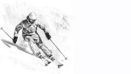 Skier in action on slope of the snow in pencil sketch art