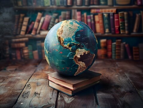 A globe where each continent represents a different literary genre floating in a space above a wooden table and bookshelves