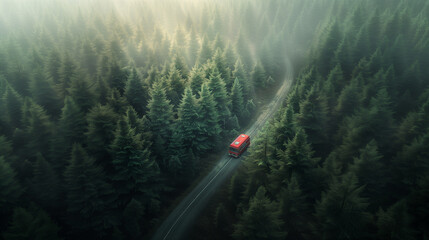 Red camper in the forest, tall trees, asphalt road, photorealistic, view from the top