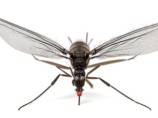 Primer plano detallado de un mosquito sobre fondo blanco aislado. Vista de frente y de cerca. IA generativa - obrazy, fototapety, plakaty