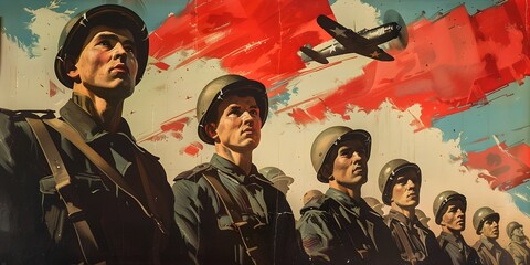 Valiant Soldiers Rallying Under the Banner of Ideological Fervor A Powerful Wartime Propaganda Tableau - obrazy, fototapety, plakaty