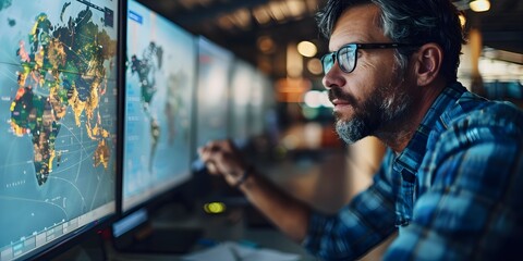 Logistics Manager Optimizing Shipment Routes on Digital Map for Efficient Supply Chain Management