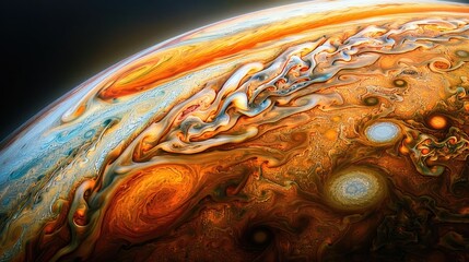 The swirling clouds of Jupiter, a massive gas giant with storms that rage for centuries.