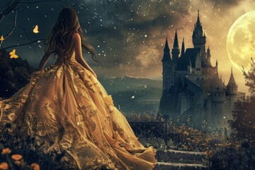 Enchanted princess in golden dress gazing at a magical castle under a starry moonlit sky