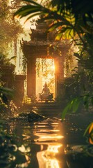 Mystical Ancient Temple at Sunset with Meditating Buddha Statue Amidst Overgrown Ruins and Reflecting Water