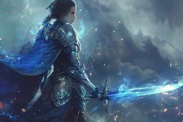 Armored female warrior poised in mystical landscape, wielding light-infused spear under stormy skies