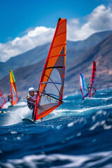 Windsurfer in action, riding waves, with a vibrant orange sail against clear sunny blue sky and picturesque landscape of mountains on background